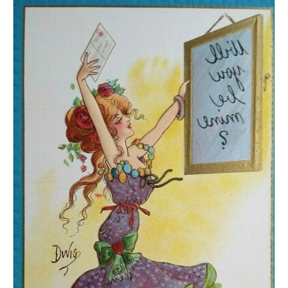 Victorian Postcard Witch Magic Wall Mirror Dwig Series 30 Will You Be Mine ?